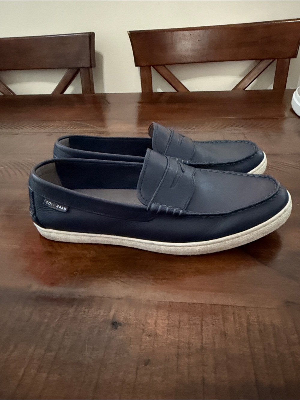 Cole Haan Navy Leather Penny Slip-On Loafers with White Sole